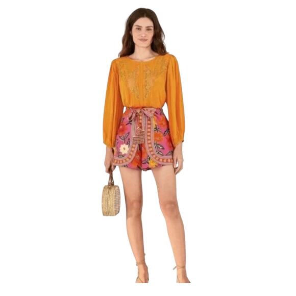 NWT! Farm Rio Orange Long Sleeve Lace Blouse - Size Small (MSRP $170) - Picture 1 of 11